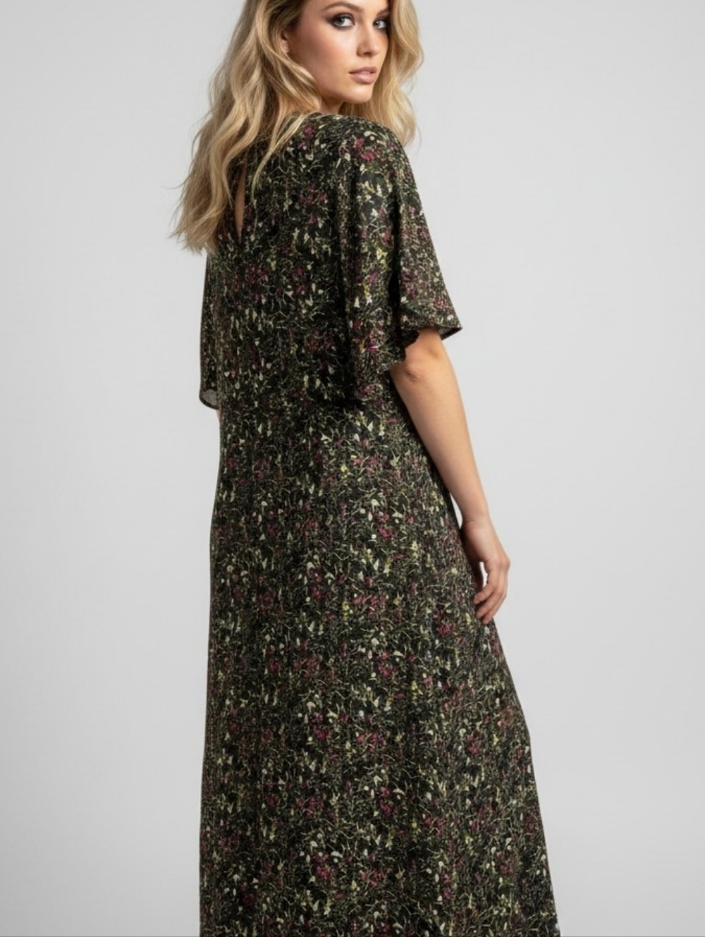 Women’s Black Floral Maxi Dress with Pink & Green Accents